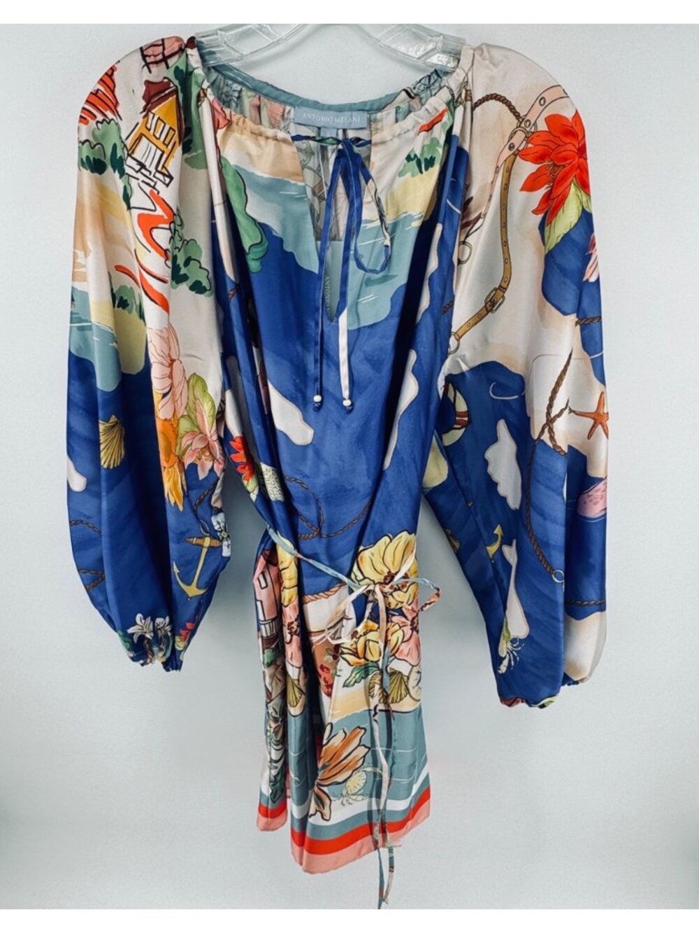 Women's Blue Floral Print Long-Sleeve Mini Dress - Picture 2 of 15